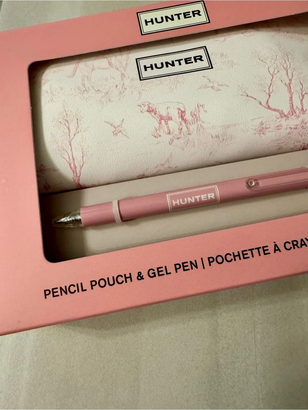 Hunter Toile Pencil Pouch with Matching Pink Gel Pen NWT School Office Gift Pink